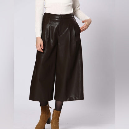 92. Rich Brown Faux Leather Pants With Elastic waist cropped wide leg