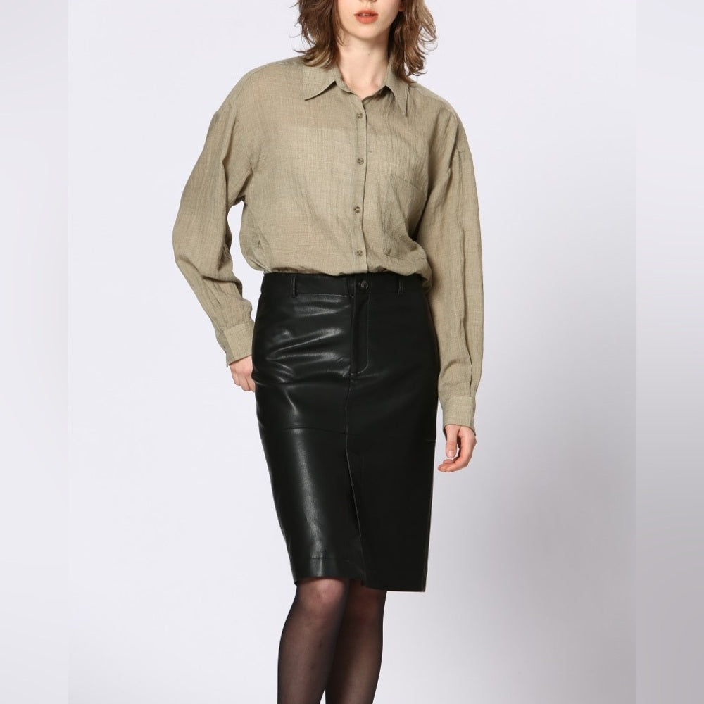 64. Soft Vegan leather skirt with a slit in the front and the back.