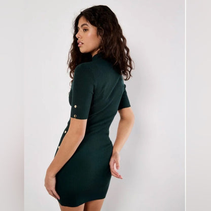 Apricot 🍑- Ribbed Knit Button Embellished Mini Dress