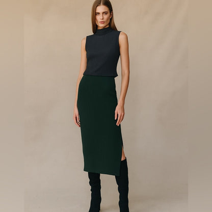 Bella Dahl -Clean Waist Knit Skirt With Side Slit- Navy Blue