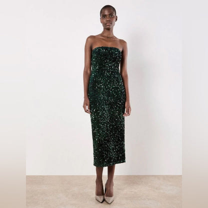 Apricot 🍑- Sequin Bandeau Velvet Bodycon Midi Dress