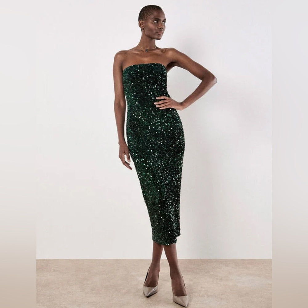 Apricot 🍑- Sequin Bandeau Velvet Bodycon Midi Dress