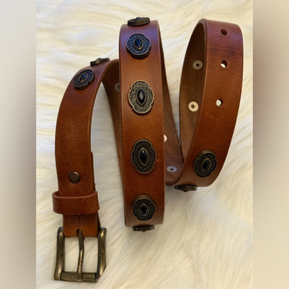 BRAVE Leather - Brown Leather Belt with Beautiful Detailing - Antique Copper