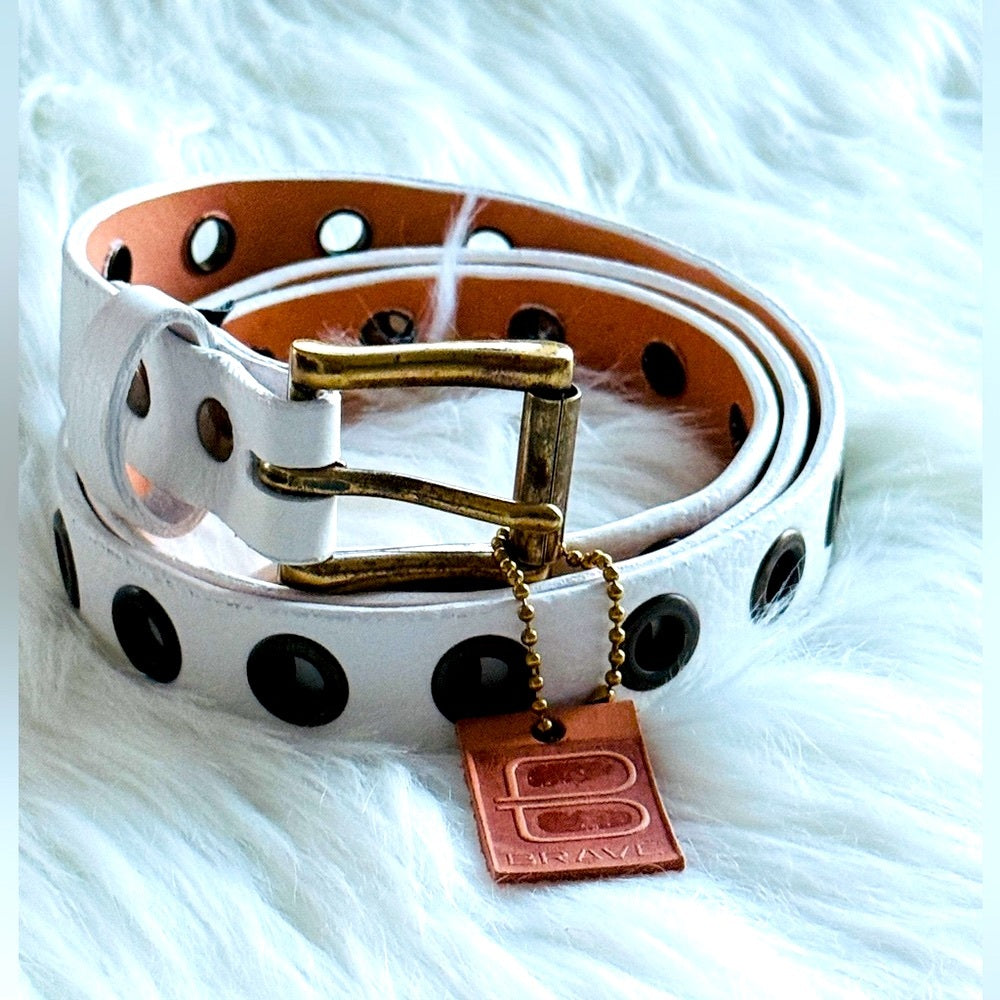 BRAVE Leather - White Leather Grommet Belt - Antique Rustic Gold