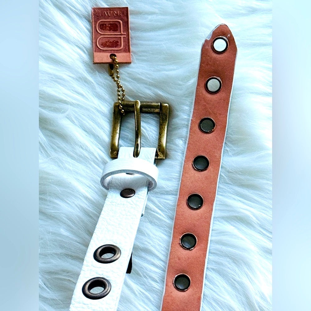 BRAVE Leather - White Leather Grommet Belt - Antique Rustic Gold