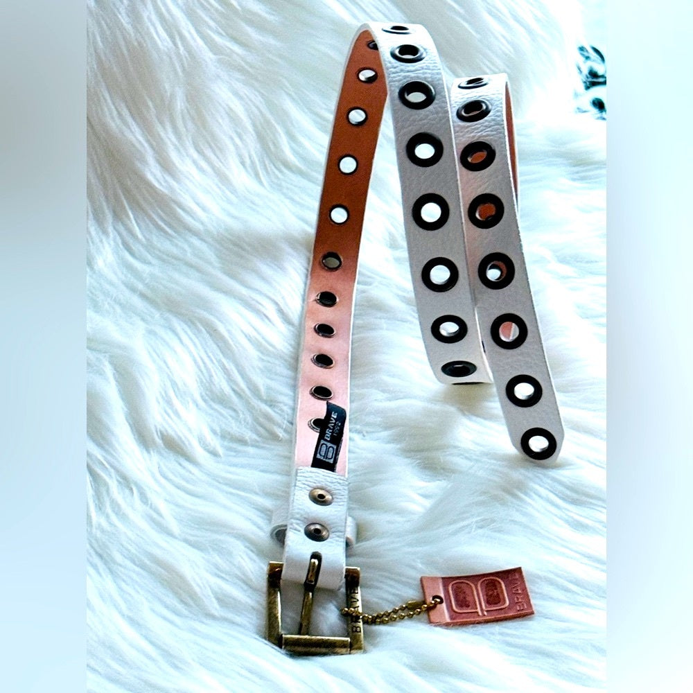 BRAVE Leather - White Leather Grommet Belt - Antique Rustic Gold
