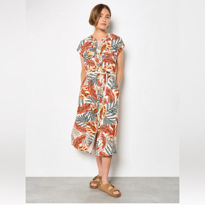 APRICOT Leaf Print Midi Dress in Orange and Green