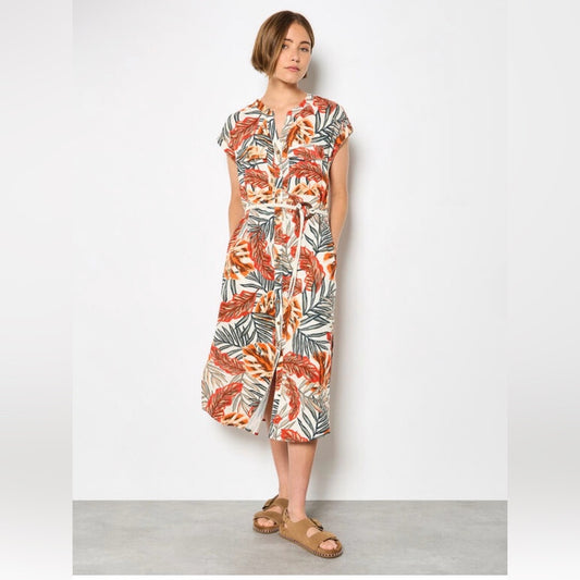 APRICOT Leaf Print Midi Dress in Orange and Green