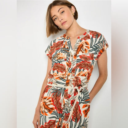 APRICOT Leaf Print Midi Dress in Orange and Green