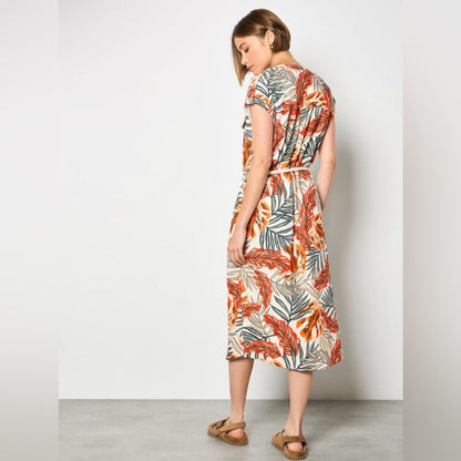 APRICOT Leaf Print Midi Dress in Orange and Green