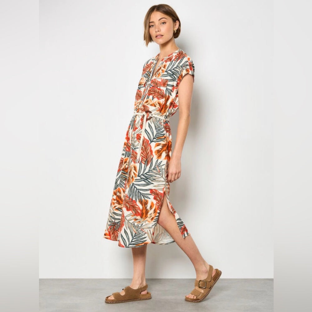 APRICOT Leaf Print Midi Dress in Orange and Green