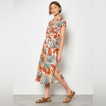 APRICOT Leaf Print Midi Dress in Orange and Green