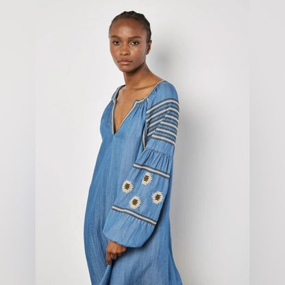 APRICOT 🍑- Blue Embroidered Long Sleeve V-Neck Dress