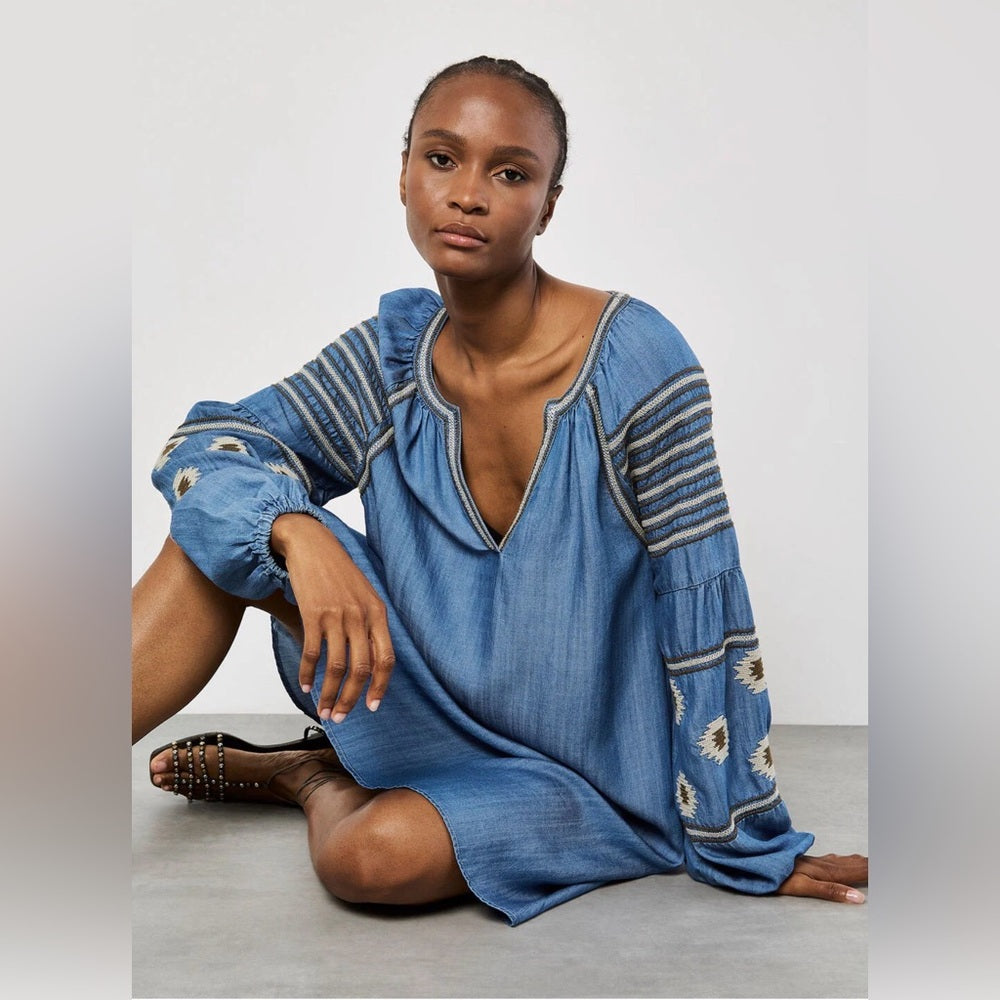 APRICOT 🍑- Blue Embroidered Long Sleeve V-Neck Dress