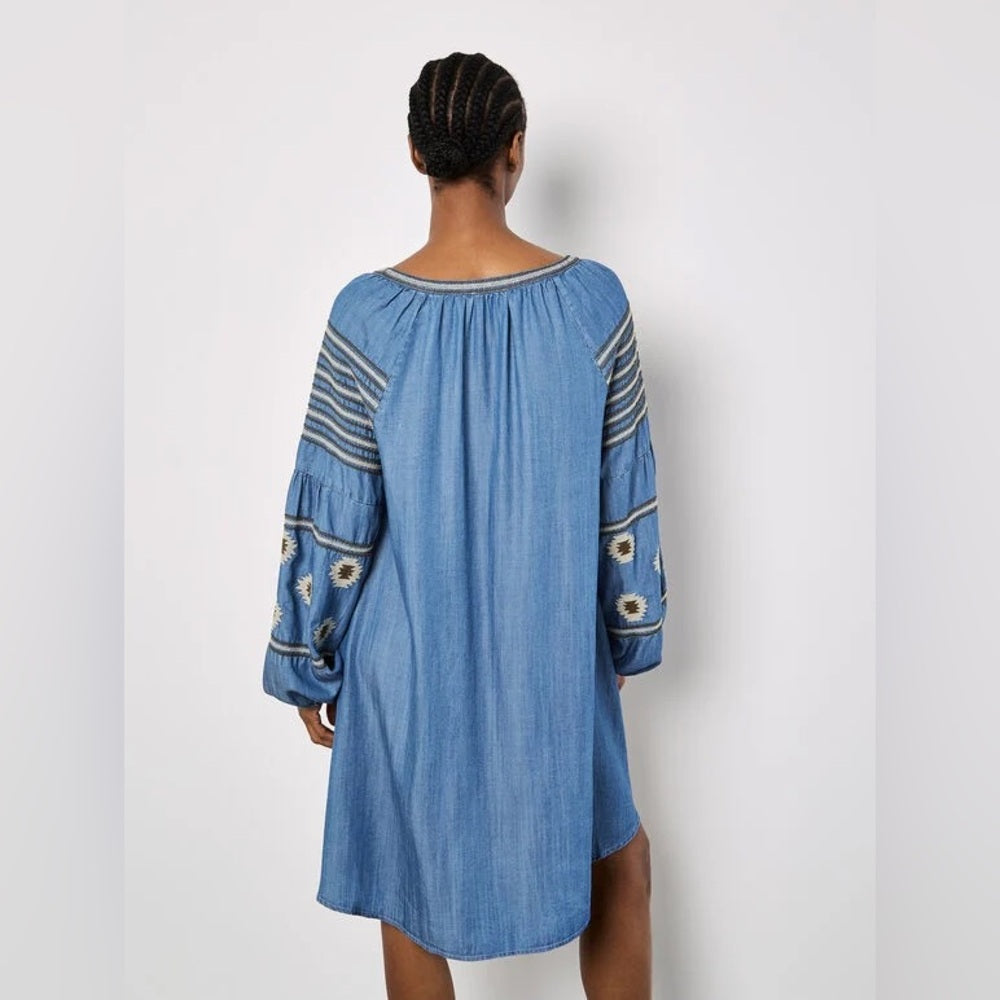 APRICOT 🍑- Blue Embroidered Long Sleeve V-Neck Dress