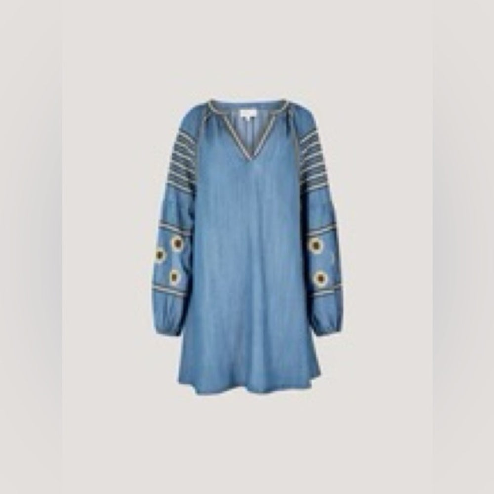 APRICOT 🍑- Blue Embroidered Long Sleeve V-Neck Dress
