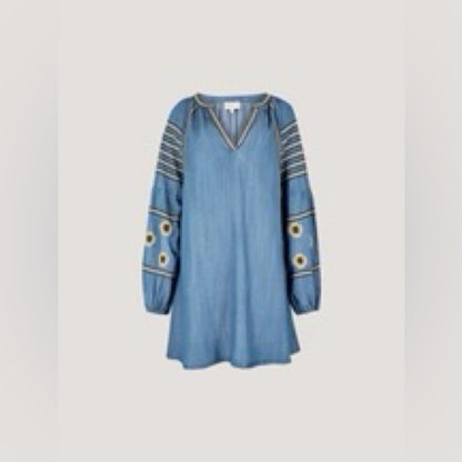 APRICOT 🍑- Blue Embroidered Long Sleeve V-Neck Dress