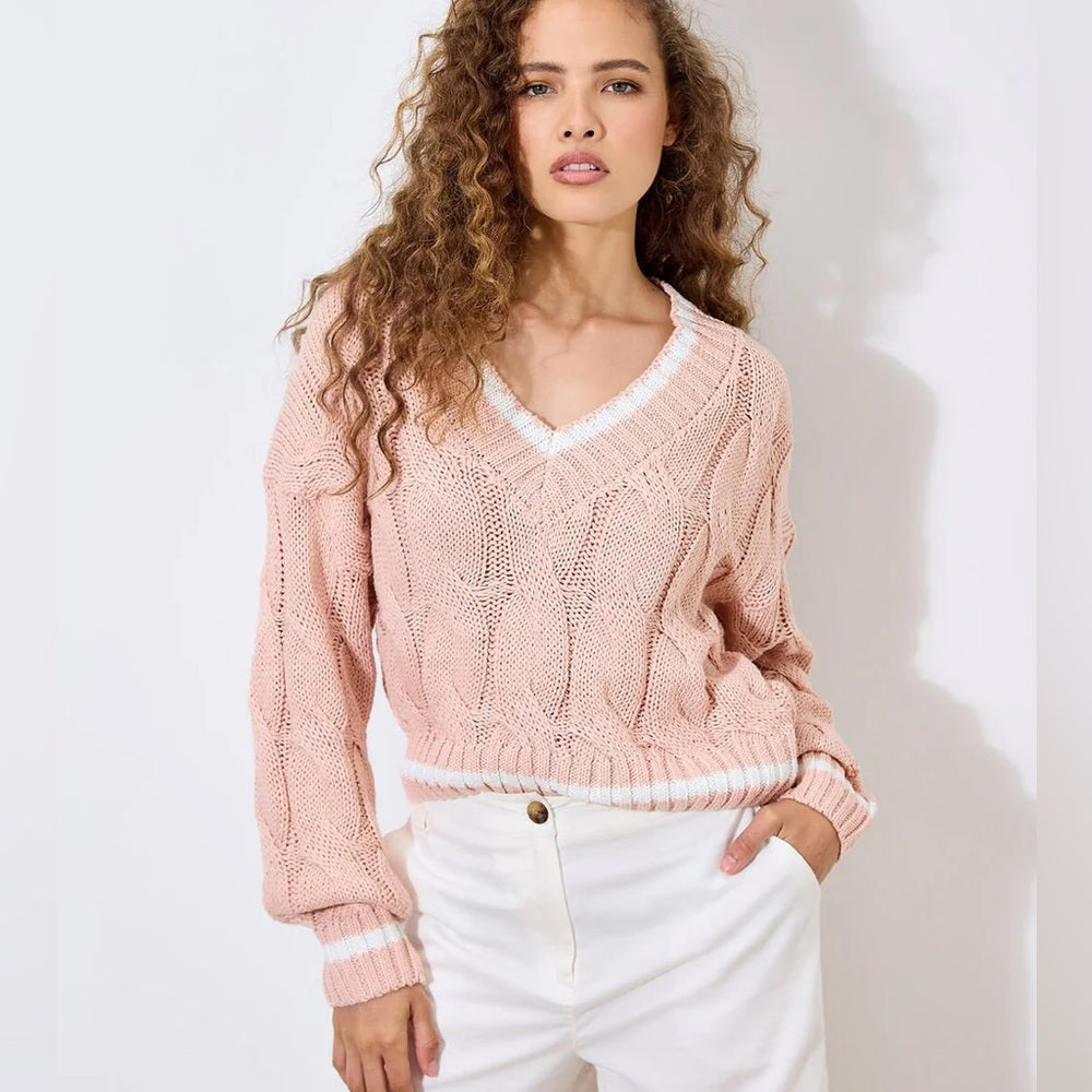 LAST ONE - APRICOT 🍑 V-Neck Cable Knit Sweater - Blush Pink