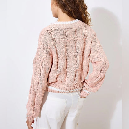 LAST ONE - APRICOT 🍑 V-Neck Cable Knit Sweater - Blush Pink