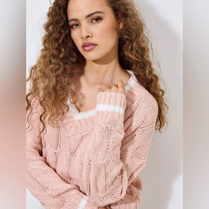 LAST ONE - APRICOT 🍑 V-Neck Cable Knit Sweater - Blush Pink