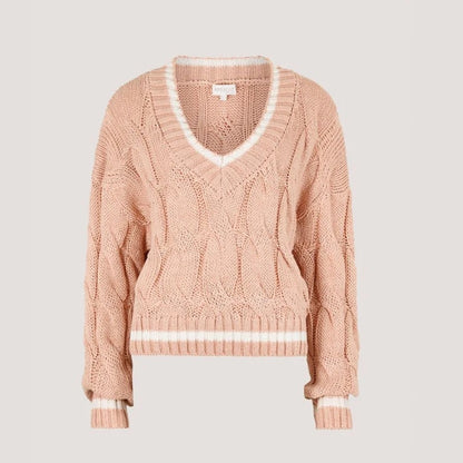 LAST ONE - APRICOT 🍑 V-Neck Cable Knit Sweater - Blush Pink