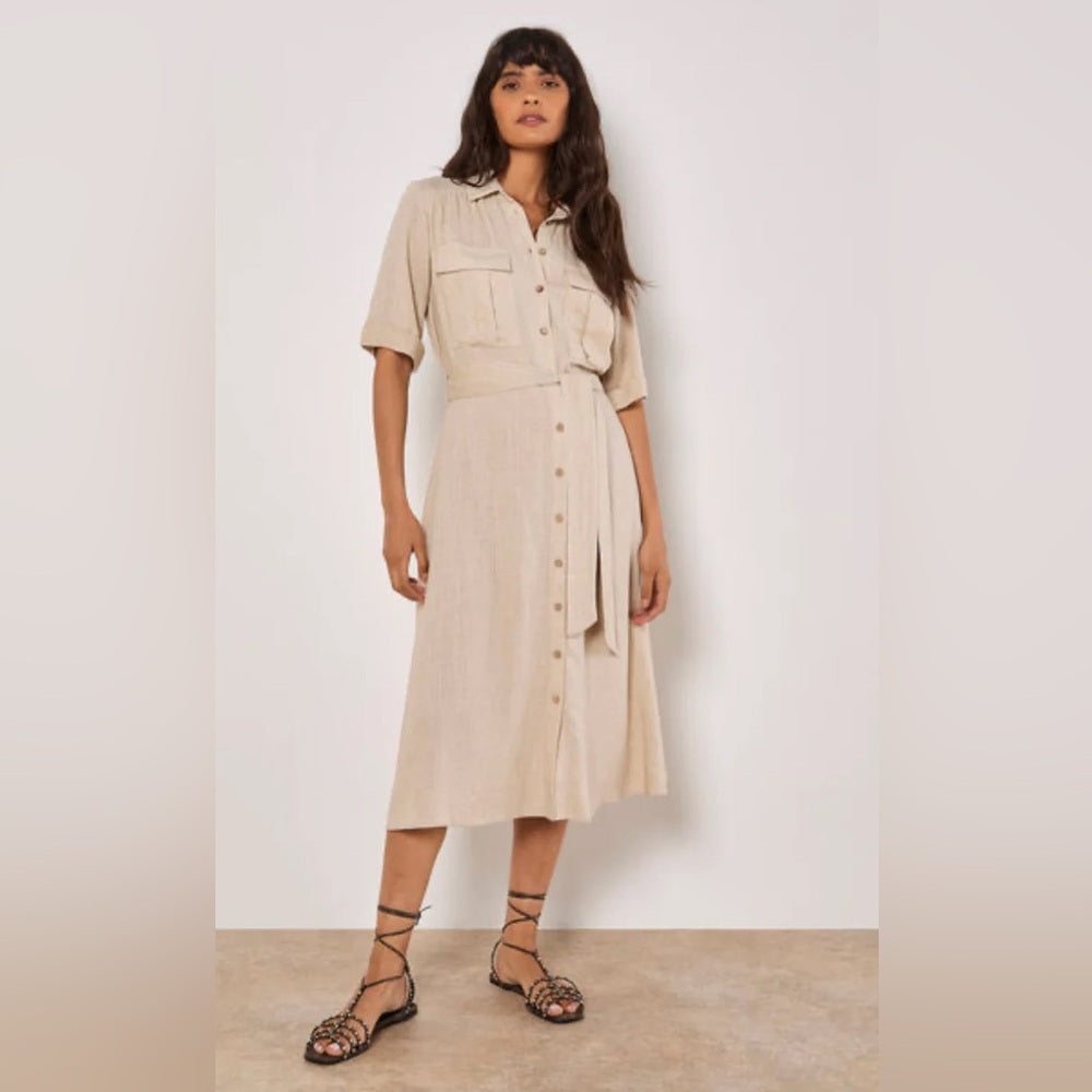 APRICOT 🍑- Beige Button-Front Shirtwaist Midi Dress with Tie Belt