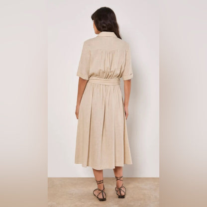 APRICOT 🍑- Beige Button-Front Shirtwaist Midi Dress with Tie Belt