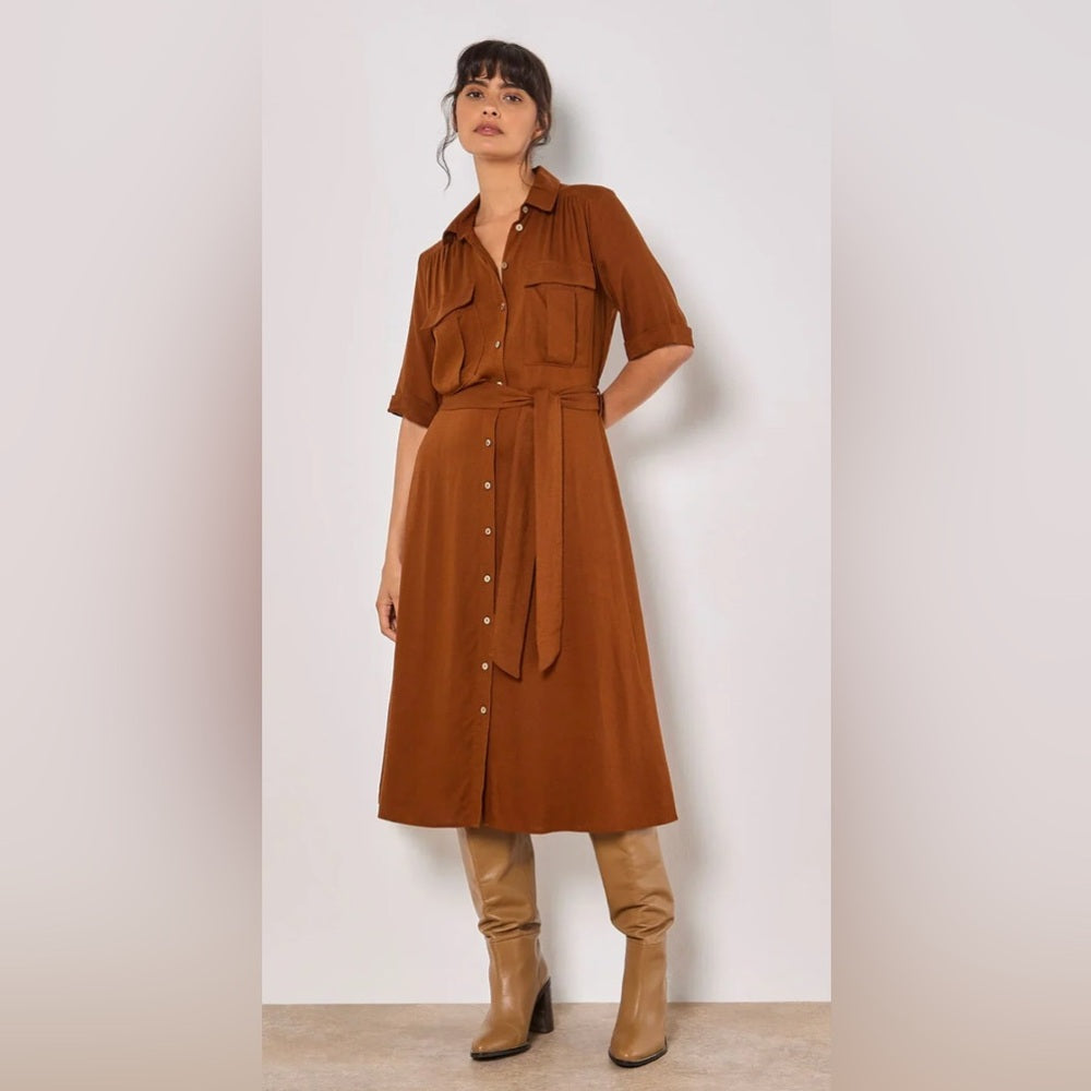 APRICOT 🍑- Beige Button-Front Shirtwaist Midi Dress with Tie Belt
