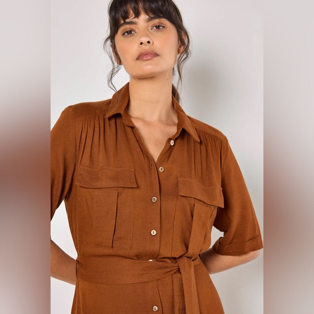 APRICOT 🍑- Beige Button-Front Shirtwaist Midi Dress with Tie Belt