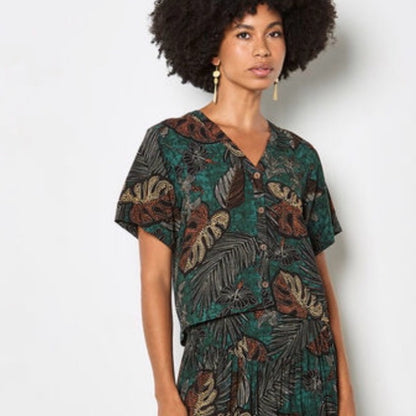 APRICOT 🍑- Tropical Leaf Print Button Front Top in Teal and Brown