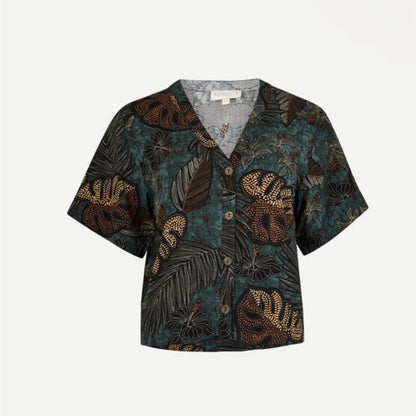APRICOT 🍑- Tropical Leaf Print Button Front Top in Teal and Brown