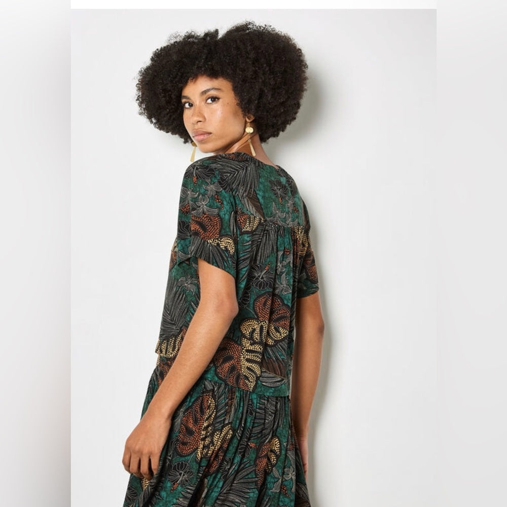 APRICOT 🍑- Tropical Leaf Print Button Front Top in Teal and Brown