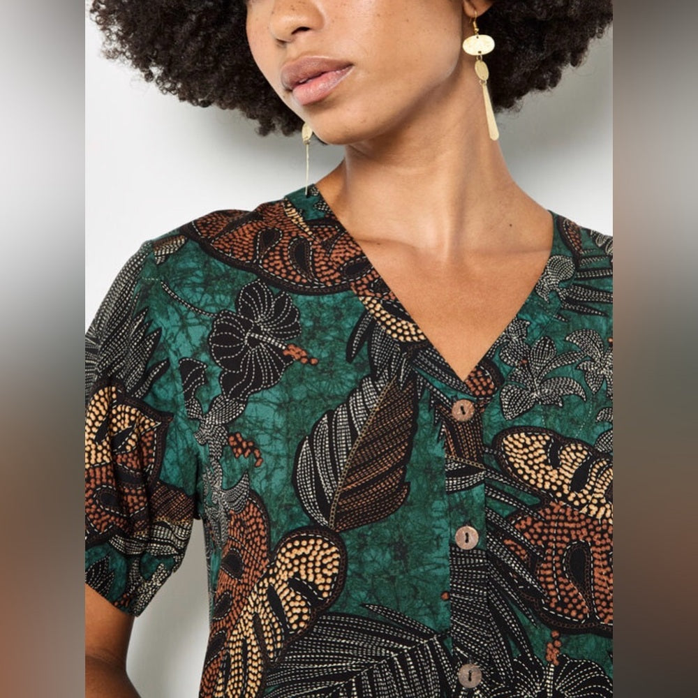 APRICOT 🍑- Tropical Leaf Print Button Front Top in Teal and Brown