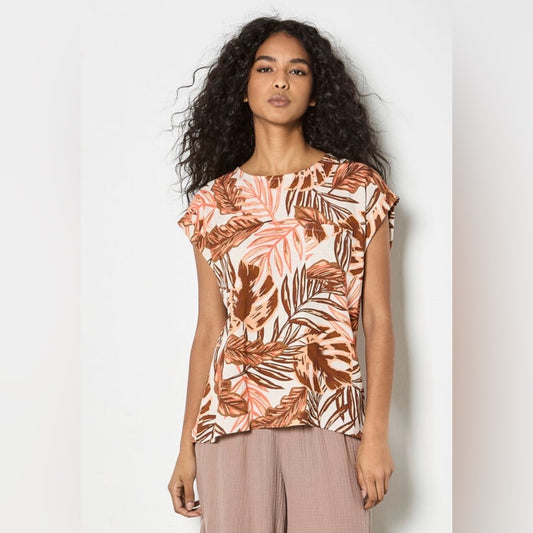 APRICOT 🍑- Tropical Leaf Print Cap Sleeve Top - Multi Brown/Pink