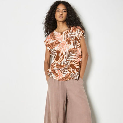 APRICOT 🍑- Tropical Leaf Print Cap Sleeve Top - Multi Brown/Pink