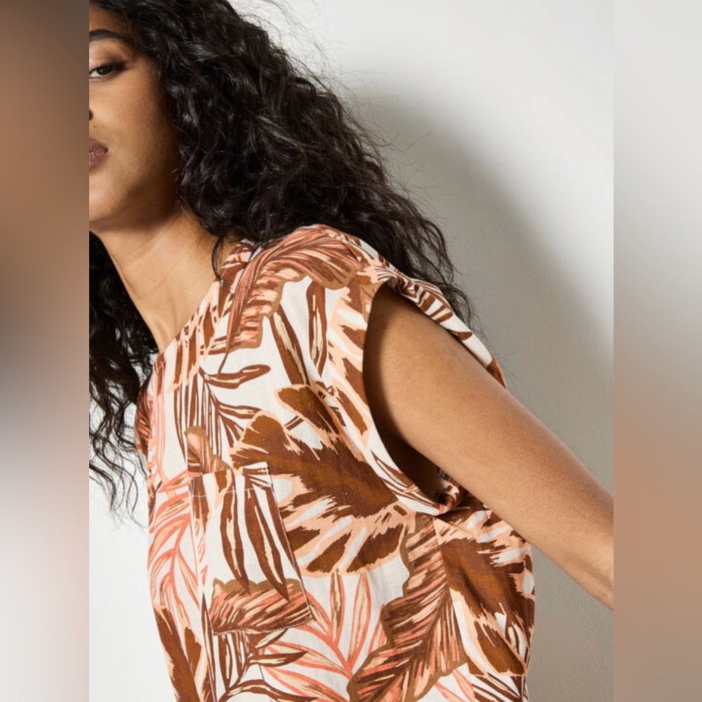 APRICOT 🍑- Tropical Leaf Print Cap Sleeve Top - Multi Brown/Pink