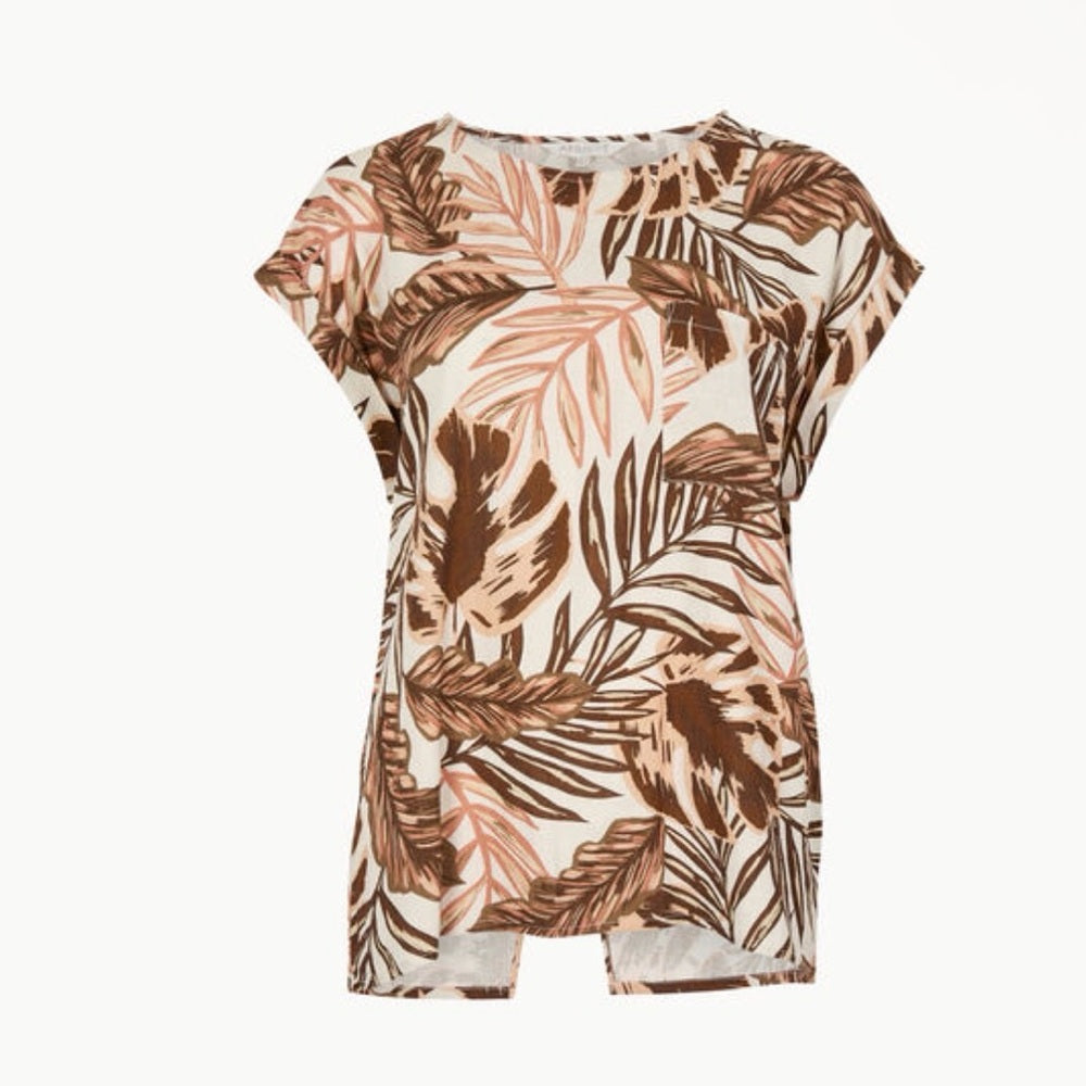 APRICOT 🍑- Tropical Leaf Print Cap Sleeve Top - Multi Brown/Pink