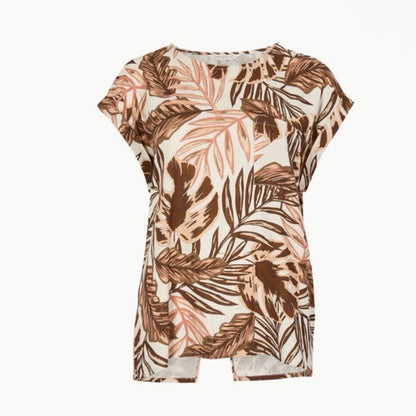 APRICOT 🍑- Tropical Leaf Print Cap Sleeve Top - Multi Brown/Pink
