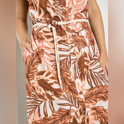 APRICOT 🍑 - Rust and Cream Tropical Tie-Waist Midi Dress