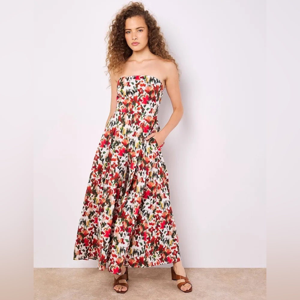 APRICOT 🍑- Strapless Tie-Back Floral Jumpsuit - White/Red/Green