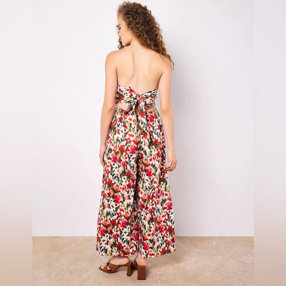 APRICOT 🍑- Strapless Tie-Back Floral Jumpsuit - White/Red/Green
