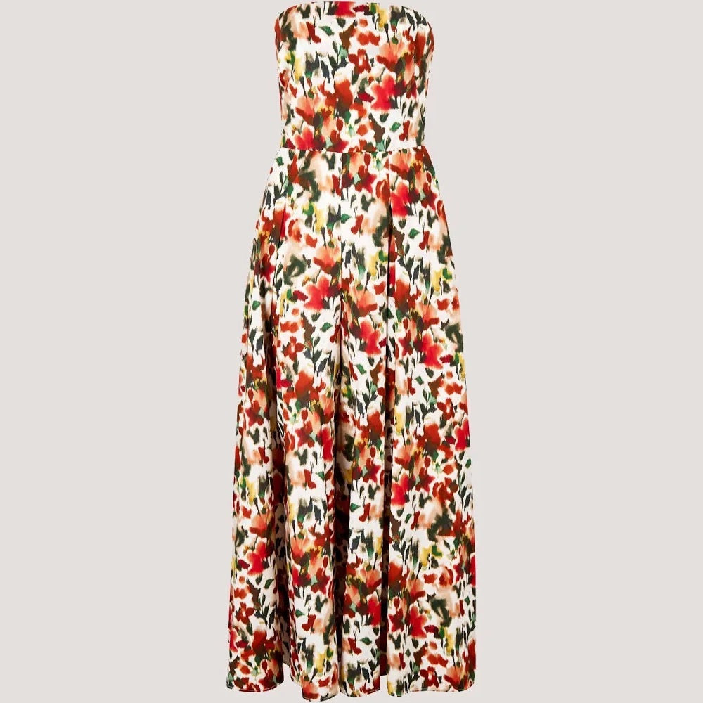 APRICOT 🍑- Strapless Tie-Back Floral Jumpsuit - White/Red/Green