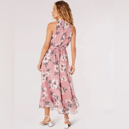 APRICOT Pink Floral Maxi Dress with Halter Neck