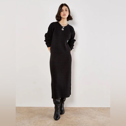 APRICOT 🍑- Black Cable-Knit Crewneck Batwing Sweater
