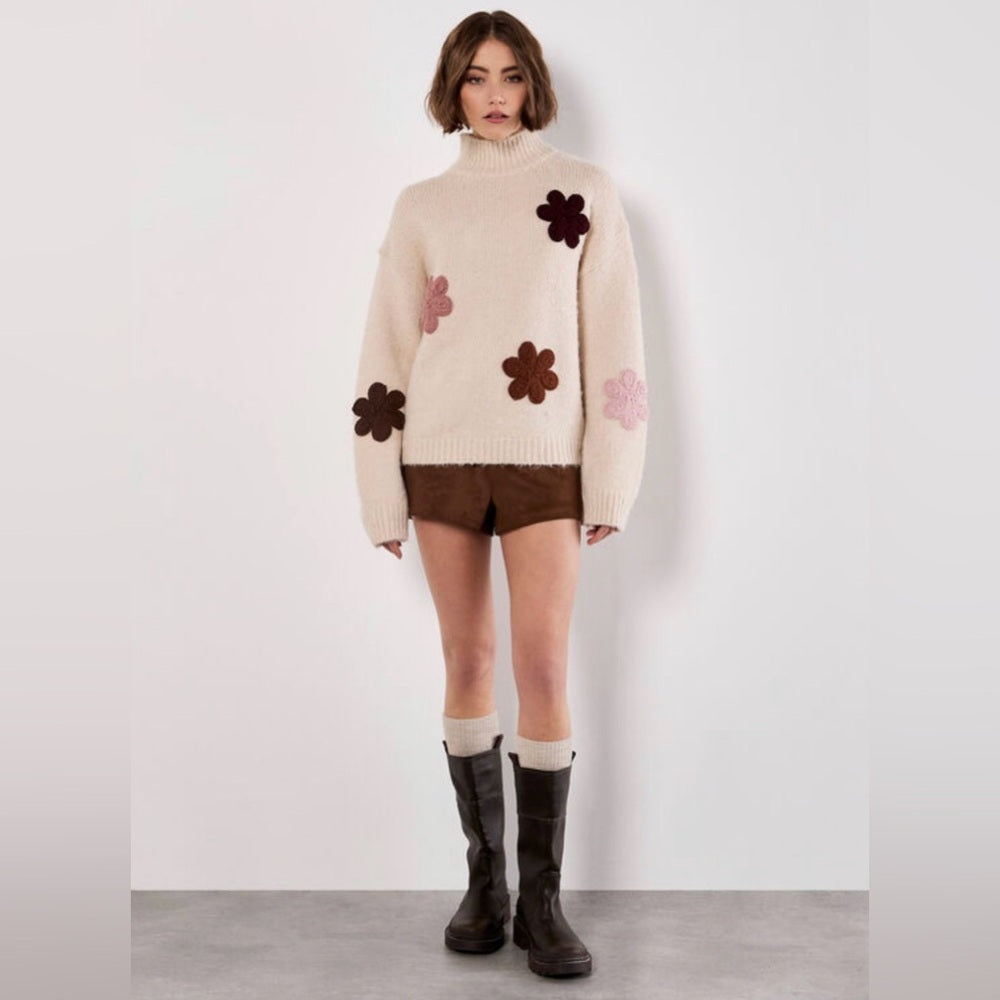APRICOT 🍑 - Cream Floral Appliqué Turtleneck Sweater