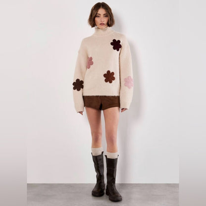APRICOT 🍑 - Cream Floral Appliqué Turtleneck Sweater