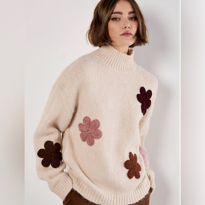 APRICOT 🍑 - Cream Floral Appliqué Turtleneck Sweater