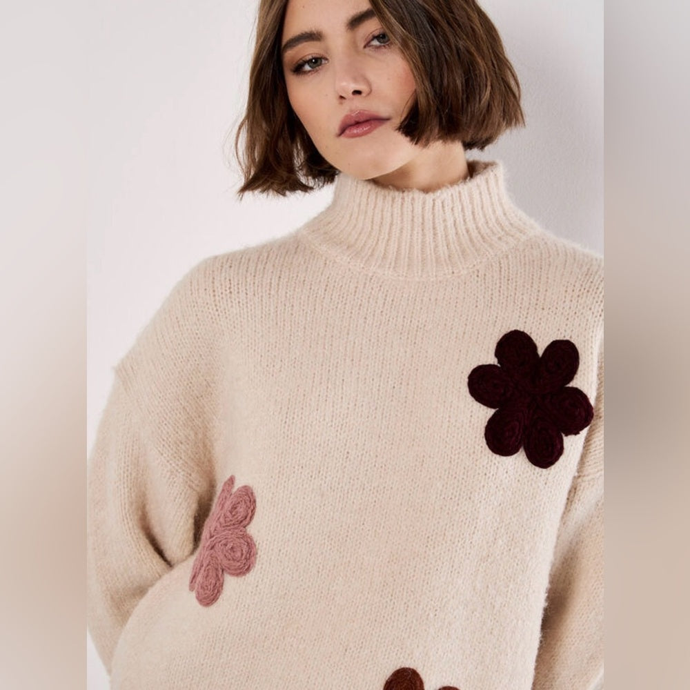 APRICOT 🍑 - Cream Floral Appliqué Turtleneck Sweater