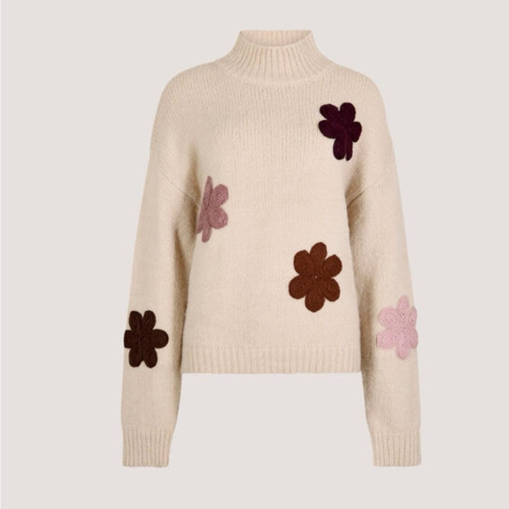 APRICOT 🍑 - Cream Floral Appliqué Turtleneck Sweater