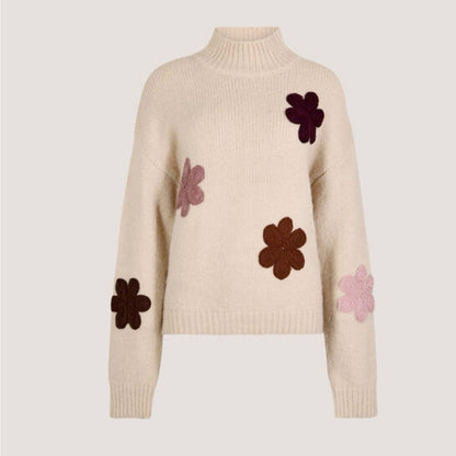 APRICOT 🍑 - Cream Floral Appliqué Turtleneck Sweater